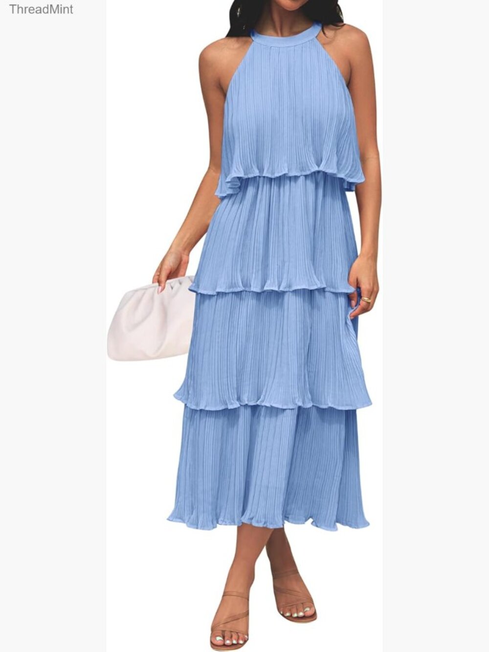 Sleeveless Halter Neck Chiffon Midi Dress with Ruffle Tiered Layers